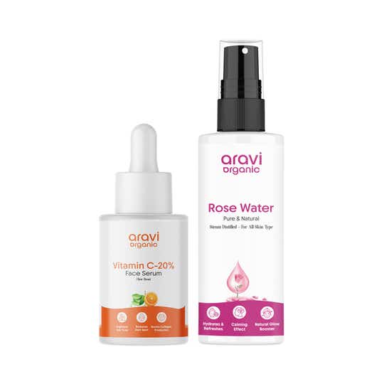 Aravi Organic Brightening Vitamin C Face Serum + Rose Water Toner Combo (30 ml + 150 ml)