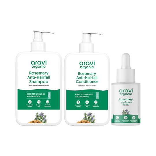 Aravi Organic Hair Regrowth Trio - Rosemary Serum, Shampoo & Conditioner Combo