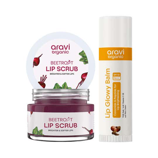 Aravi Organic Lip Care Duo - Lip Scrub & Non-Tinted Lip Balm for Soft & Nourished Lips Combo