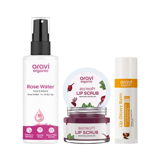 Aravi Organic Skin Hydration Rose Water Toner + Lip Scrub + Non-Tinted Lip Balm Pack of 3 Combo