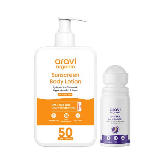 Aravi Organic Sunscreen Body Lotion & Foot Roll-On Pack of 2 Combo for Sun Protection & Foot Relief