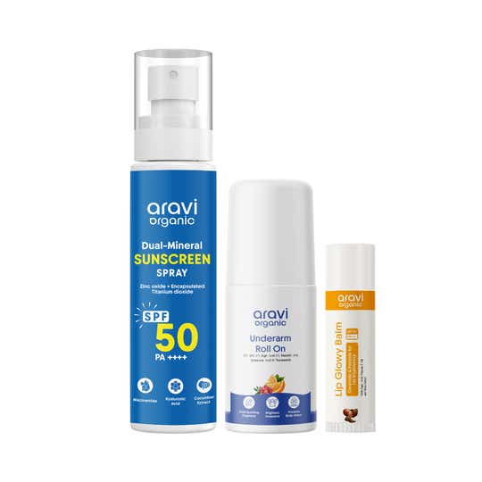 Aravi Organic Body Sunscreen Spray, Underarm Roll-On & Non-Tinted Lip Balm Pack of 3 Combo