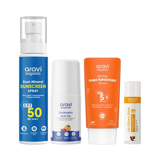 Aravi Organic Ultimate Sun Shield Combo - Sunscreen Spray, Roll-On, Fluid Sunscreen & Glowy Lip Balm
