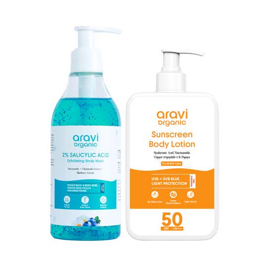 Aravi Organic Body Wash & Sunscreen Body Lotion Pack of 2 Combo for Clean, Hydrated & Protected Skin