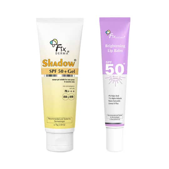 Fixderma Shadow Sunscreen SPF 50 Gel with Brightening Lip Balm for Pigmented Lips- 90 ml Combo