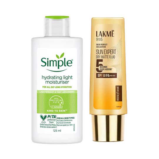 Simple Hydrating Light Moisturiser 125ml + Lakme Sun Expert Dry Matte Fluid SPF50 50ml