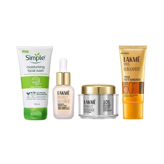 Simple Moisturising Facewash + Lakme Radiance Day Creme  + Serum + Lakme Tinted Sunscreen SPF 50