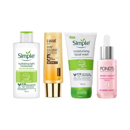 Simple Moisturising Facewash + Hydrating Moisturiser + Pond's Vit C Serum + Lakme Matte Sunscreen