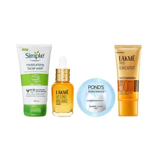 Simple Moisturising Facewash+Lakme Vit C Serum+Pond's Super Light Gel+Lakme Tinted Sunscreen SPF 50