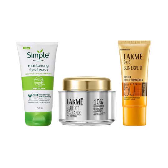 Simple Moisturising Facewash+Lakme Absolute Perfect Radiance Brightening Day Creme+Tinted Sunscreen