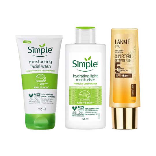 Simple Moisturising Facewash + Hydrating Moisturiser + Lakme Sun Expert Dry Matte Fluid SPF 50