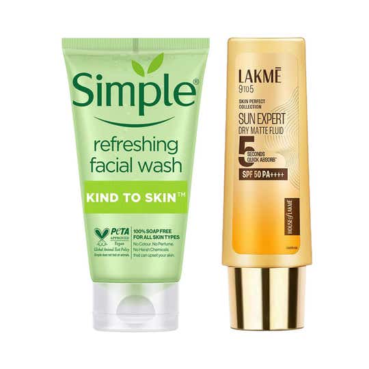 Simple Refreshing Facial Wash 150ml + Lakme Sun Expert Dry Matte Fluid SPF50 50ml