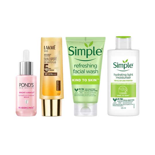 Simple Refreshing Facewash +Hydrating Moisturiser +Pond's Vit C Serum +Lakme Tinted Sunscreen SPF50
