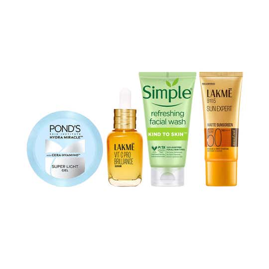Simple Hydrating Facewash + Lakme Vit C Serum + Pond's Super Light Gel + Matte Sunscreen SPF50