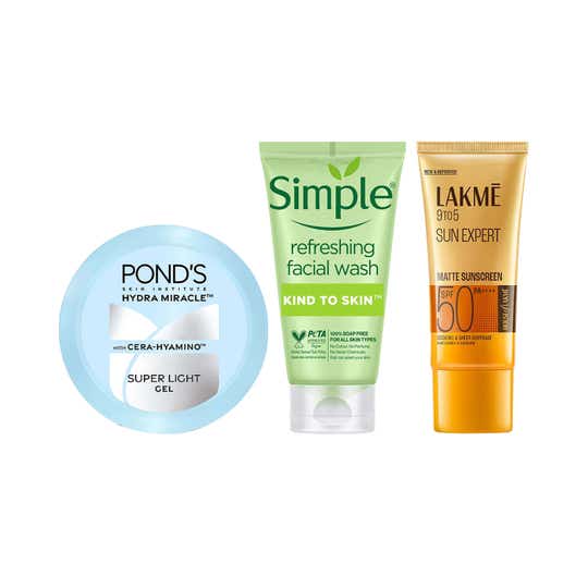 Simple Refreshing  Facewash + Pond's Super Light Gel + Lakme Matte Sunscreen SPF 50