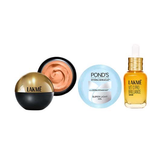 Lakme Vitamin C+ Serum + Pond’s Super Light Gel + Lakme Mousse Foundation - Rose Crème