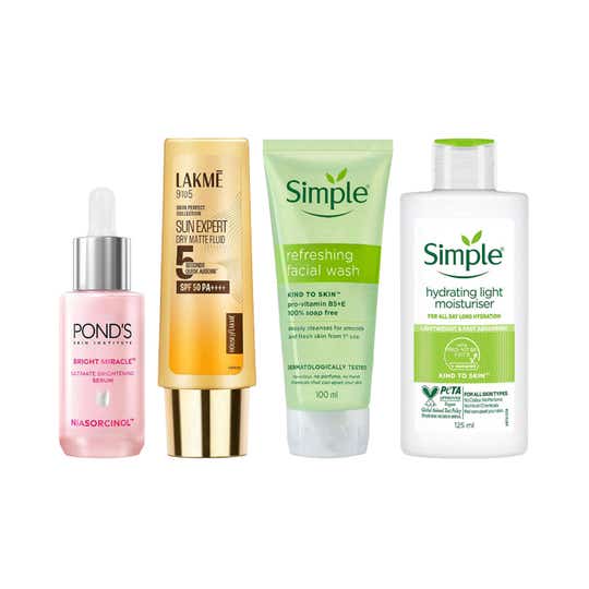 Simple Refreshing Facewash + Hydrating Moisturiser + Pond's Vit C Serum + Lakme Matte Sunscreen