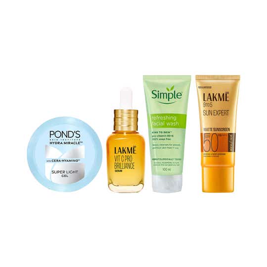 Simple Hydrating Facewash + Lakme Vit C Serum + Pond's Super Light Gel + Matte Sunscreen SPF50