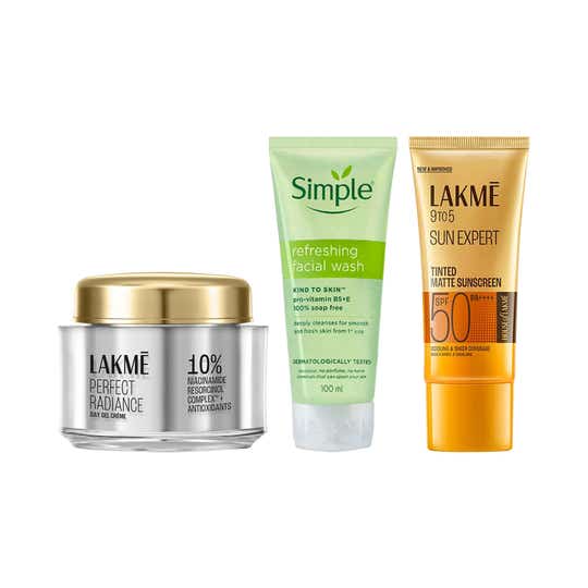 Simple Refres Facewash + Lakme Radiance Day Cream + Lakme Tinted Sunscreen SPF 50