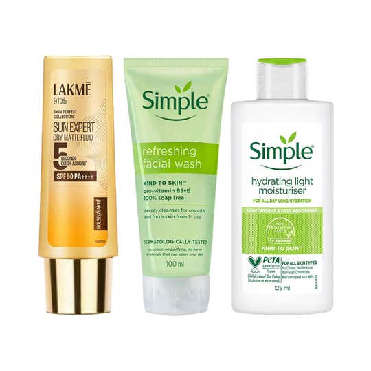 Simple Refres Facewash + Hydrating Mosituriser +  Lakme Sun Expert Dry Matte Fluid SPF 50