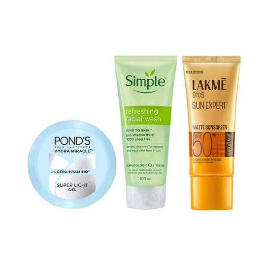 Simple Refres Facewash + Pond's Super Light Gel + Lakme Matte Sunscreen SPF 50 PA