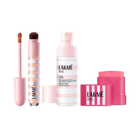 Lakme 9to5 Hya Beach Edit SPF Blush Sunset Rose, Concealer Light 1 and Makeup Mist Combo
