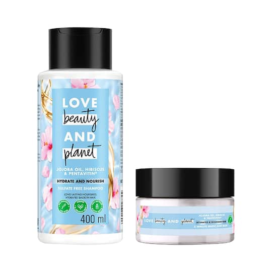 LOVE beauty AND planet Jojoba Oil, Hibiscus Hydrate Shampoo (400 ml) and Hair Mask (200 ml) Combo