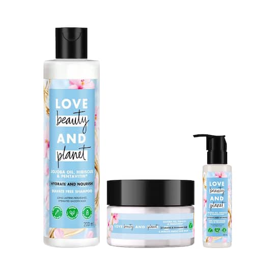 LOVE beauty AND planet Jojoba Oil, Hibiscus Hydrate Shampoo, Hair Mask & Leave-in Conditioner Combo
