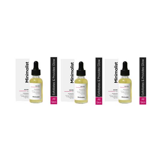 Minimalist AHA BHA 10% Exfoliator with Hyaluronic Acid for Even Tone Younger Skin (30ml) Combo of 3