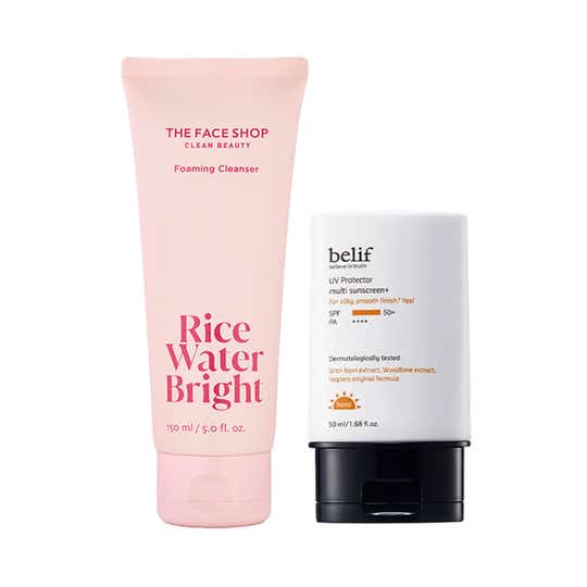 TFS X belif Korean Glow Skincare Rice Water Bright Cleanser + Tinted SPF 50+ Sunscreen Combo