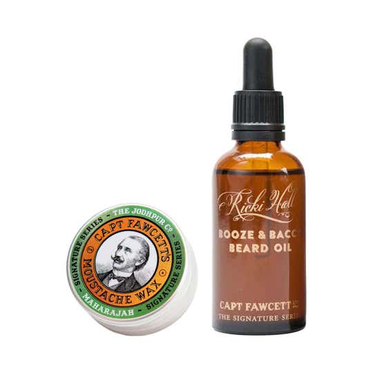 Captain Fawcett Maharajah Moustache Wax for Men & Ricki Hall's Booze & Baccy Beard Oil Combo