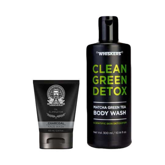 WHISKERS Matcha Green Tea Body Wash For Men (300 ml) & Charcoal Face Wash For Men (100 ml) Combo