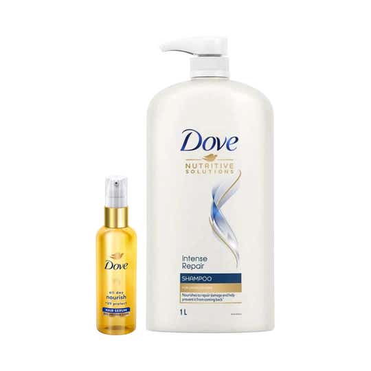 Dove Intense Repair Shampoo (1000 ml) & All Day Nourish+ UV Protect Hair Serum (48 ml) Combo
