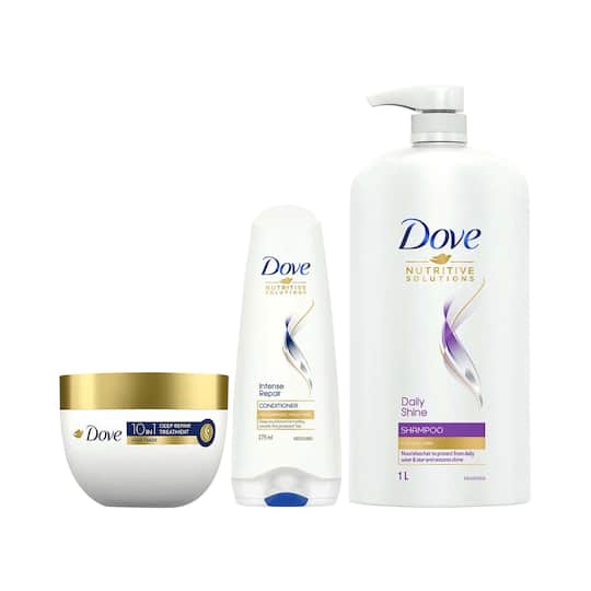 Dove Daily Shine Shampoo + Intense Repair Conditioner + 10In1Deep Repair Treatment Hair Mask Combo