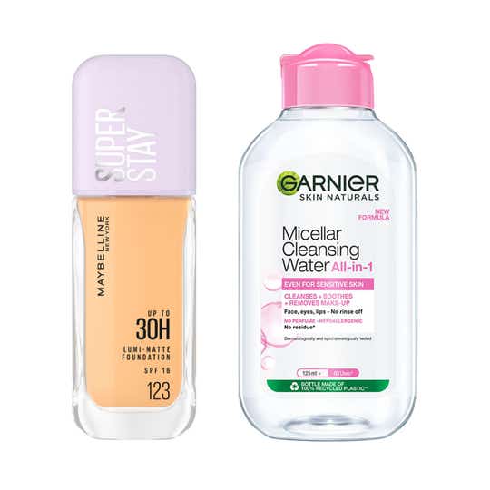 Maybelline New York Super Stay Lumi-Matte Liquid Foundation 123 + Garnier Micellar Water Combo