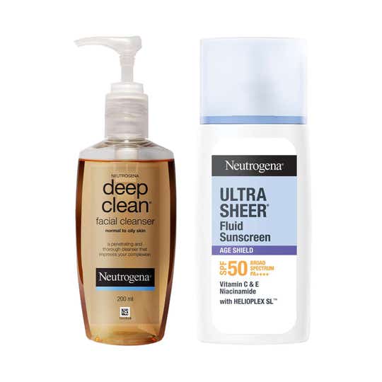 Neutrogena Deep clean face wash + ultrasheer fluid SPF; morning summer cleanse & protect Combo