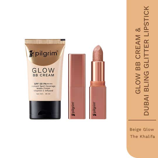 Pilgrim Makeup Duo Dubai Bling Khalifa Glitter Lipstick & Beige Glow BB Cream SPF 50 PA++++ Combo