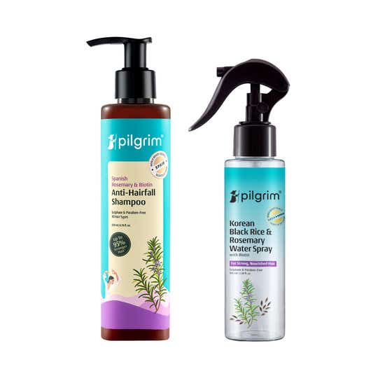 Pilgrim Spanish Rosemary & Biotin Anti-Hairfall Shampoo & Korean Black Rice Water Spray Combo