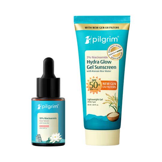 Pilgrim Niacinamide Face Serum & Hydra Glow SPF 50+ PA++++ Gel Sunscreen Combo For Glass Skin Glow
