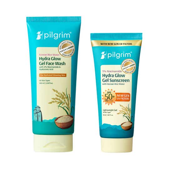 Pilgrim Hydra Glow Gel Facewash & SPF 50+ PA++++ Gel Sunscreen Combo For Clear & Glass Skin