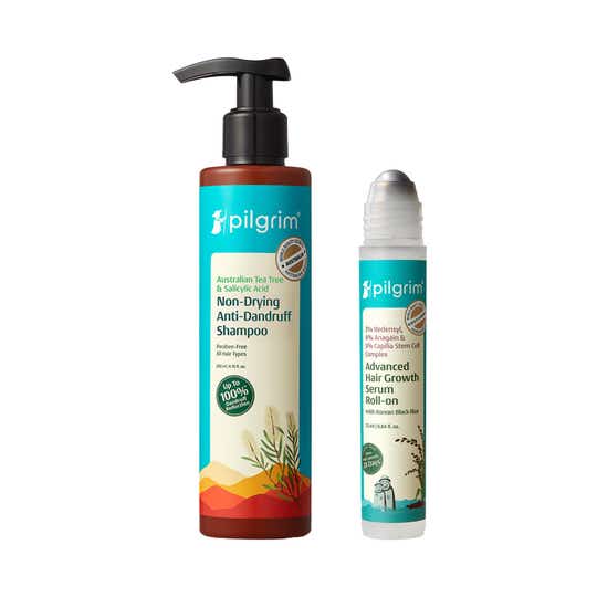 Pilgrim Tea Tree Non-Drying Anti-Dandruff Shampoo and Advance Hair Growth Serum Roll-on Combo