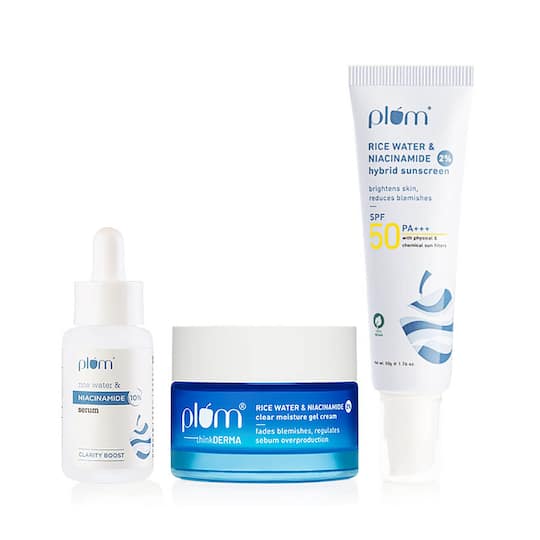 Plum Bright Skin Essentials Kit With Rice Water Serum, Gel Moisturizer & Spf 50 Sunscreen