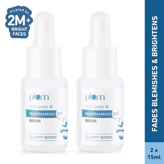 Plum 10% Niacinamide Face Serum with Rice Water Clarity Boost Fragrance-free (15 ml) Pack of 2