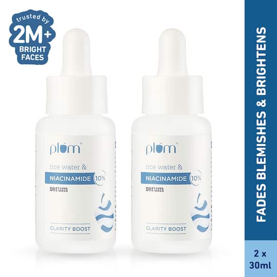 Plum 10% Niacinamide Face Serum with Rice Water Clarity Boost Fragrance free (30 ml) Pack of 2 Combo