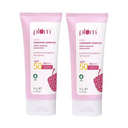 Plum Oat & Ceramide Complex 100% Mineral SPF 50 PA+ Sunscreen For Sensitive Skin Pack of 2 Combo