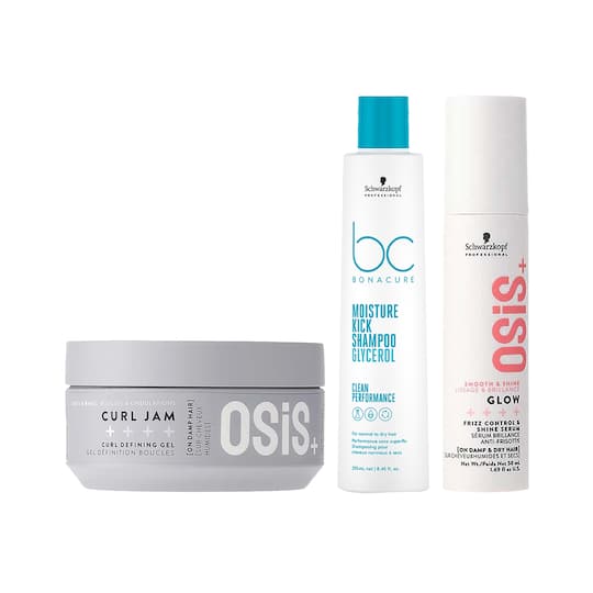 Schwarzkopf Professional Bonacure Moisture Kick Shampoo + Osis Glow Serum and Curl Jam Combo