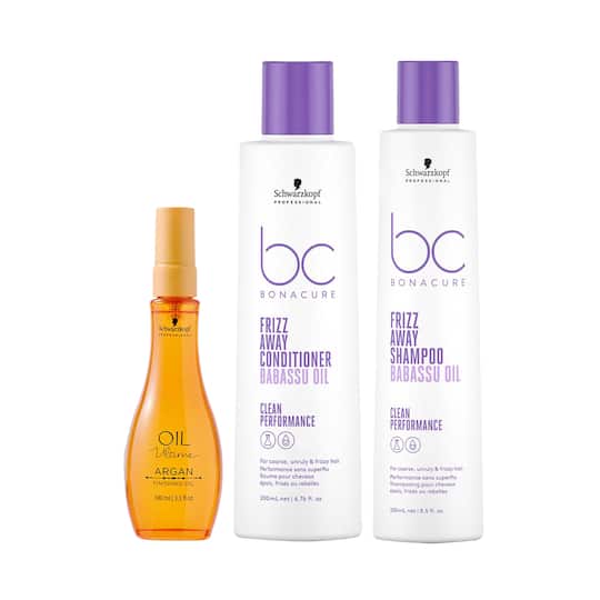 Schwarzkopf Professional Bonacure Frizz Away Shampoo+Conditioner+Ultime Argan Finishing Oil Combo