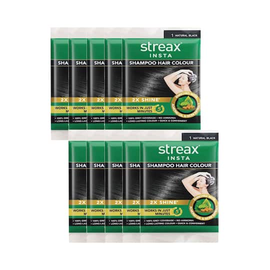 Streax Insta Shampoo Hair Colour - Natural Black (18 ml) Pack of 10 Combo