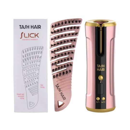 Tash Hair Twirl Automatic Hair Curler - Blush & Slick, Detangling Boar Bristle Hair Brush Combo