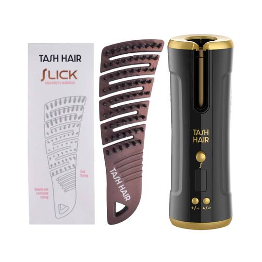 Tash Hair Twirl Automatic Hair Curler - Onyx & Slick, Detangling Boar Bristle Hair Brush Combo